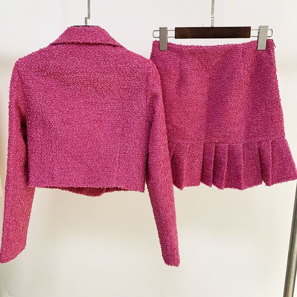 SOLD OUT TEXTURED PINK SET BLAZER AND SKIRT BARBIE CORE TREND JEWELED BUTTONS - Picture 4 of 9